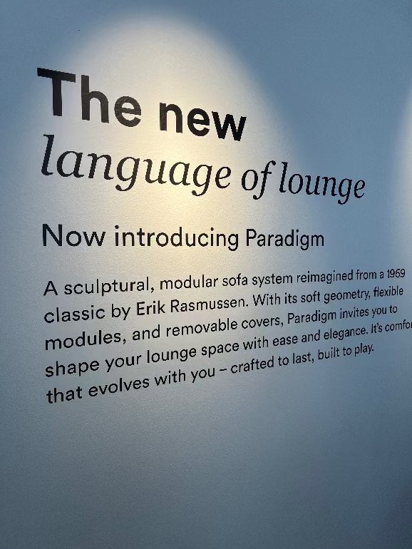 Promotional text for Paradigm sofa system on a blue background. new sofa by Montana launched at their store during 3 days of design 2025