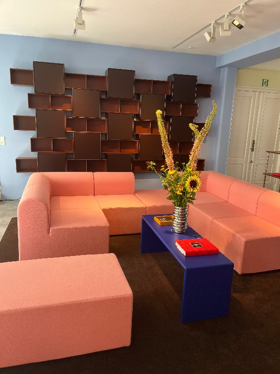 Paradigm sofa by Montana. Modern living room with pink sofa, blue coffee table, and decorative elements.