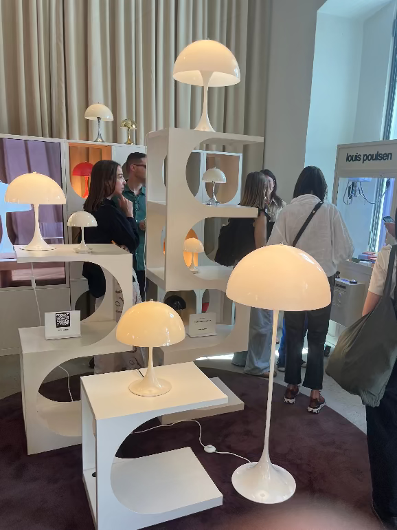 Verner Panton display of floor and table lamps at the Louis Poulsen showroom in Copenhagen at 3DD 2025