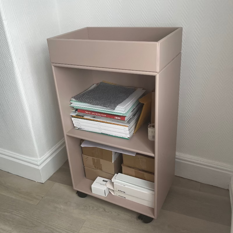 Montana Carry storage wheeled unit. Small beige shelf with books and boxes against a white wall.