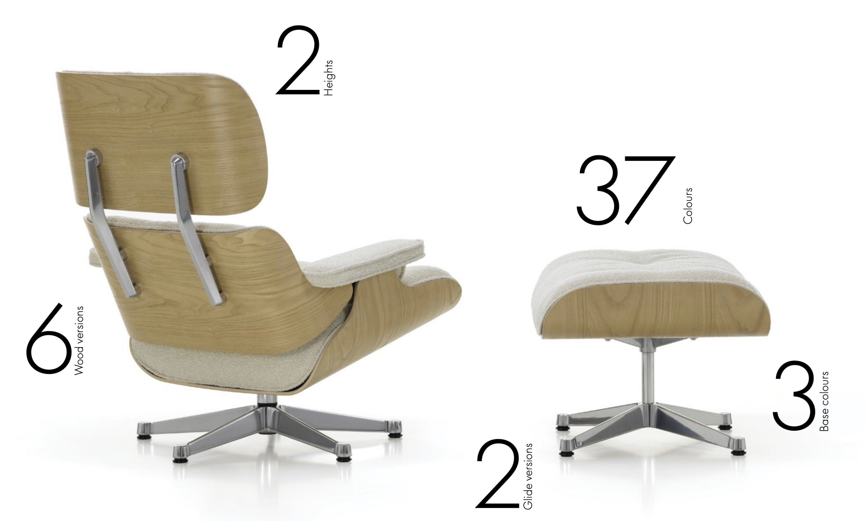 2025 vitra eames lounge chair and ottoman options of wood veneers, bases, heights and colours