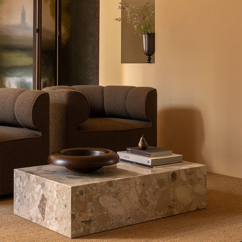 Audo Eave Seamline Lounge Chair — lifestyle, with Rond Bowl, Pavot Vase, Plinth Low, Sentiment Paper Weight