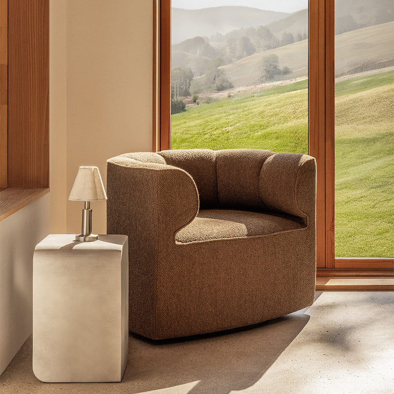 Audo Eave Seamline Lounge Chair in Logan Nutmeg — lifestyle, with Volume Side Table, Admiral Portable Table Lamp