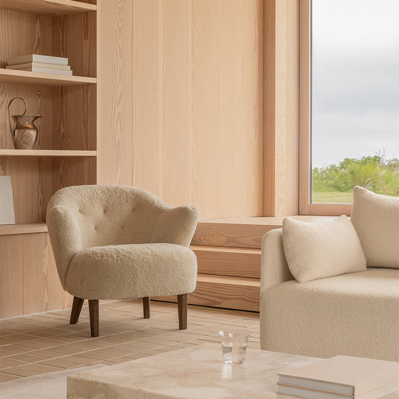 Audo Offset 2 Seater Sofa in Bouclé — lifestyle, with Ingeborg Lounge Chair and Plinth Low