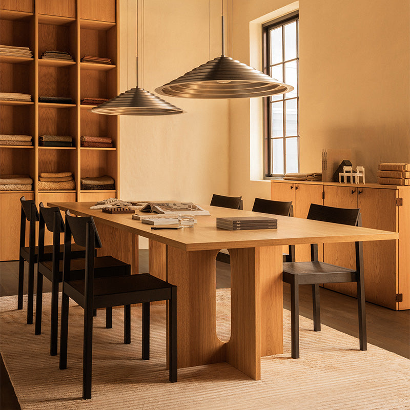 Audo Mauro Dining Chair Wood Veneer Seat — lifestyle, with Androgyne Dining Table, Chancery Pendant Lamp and Houkime Rug