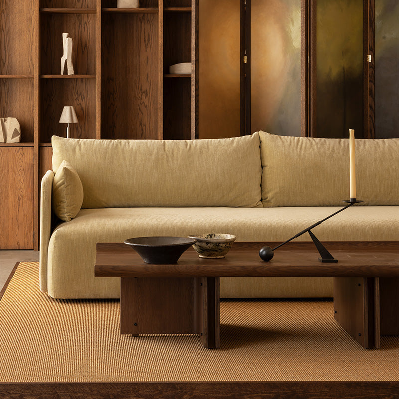 Audo Conrad Lounge Table — lifestyle, with Offset Sofa, Interconnect Candle Holder, Admiral Portable Table Lamp, Triptych Bowl