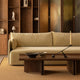 Audo Conrad Lounge Table — lifestyle, with Offset Sofa, Interconnect Candle Holder, Admiral Portable Table Lamp, Triptych Bowl
