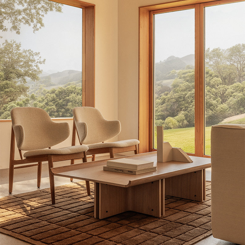 Audo Conrad Lounge Table — lifestyle, with Penguin Wooden Lounge Chair, Tile Rug, Eave Seamline Lounge Chair