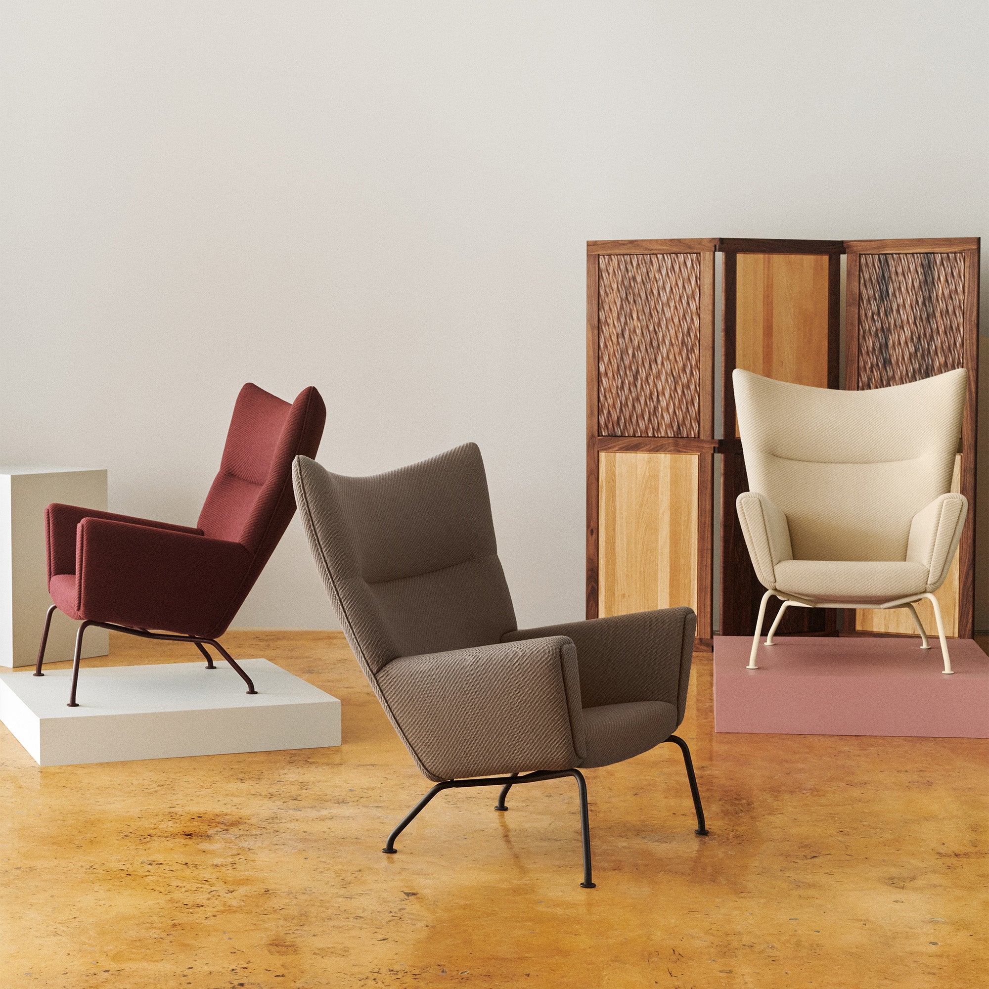 Carl Hansen CH445 Wing Chair Special Edition in Deep Burgundy, Pebble Brown and Clay White — studio
