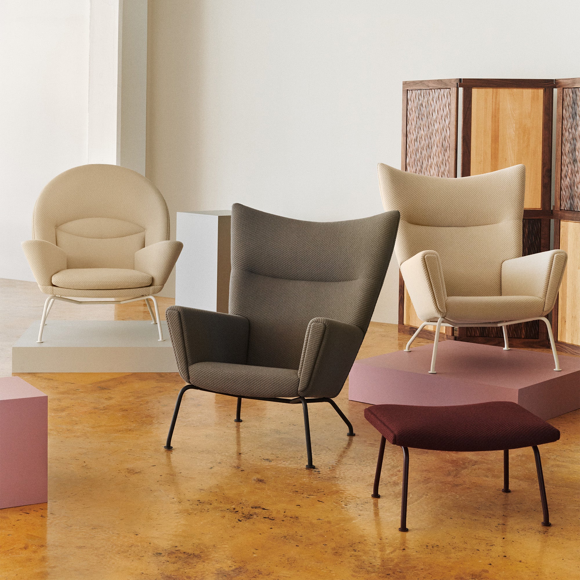 Carl Hansen CH445 Wing Chair Special Edition in Pebble Brown and Clay White — studio, with CH446 Footrest and CH468