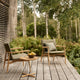 Carl Hansen E018 Embrace Outdoor Lounge Chair in Untreated Teak with Panama Alga 3667 Cushion — lifestyle, modern scandi garden outdoor lounge space with armchairs