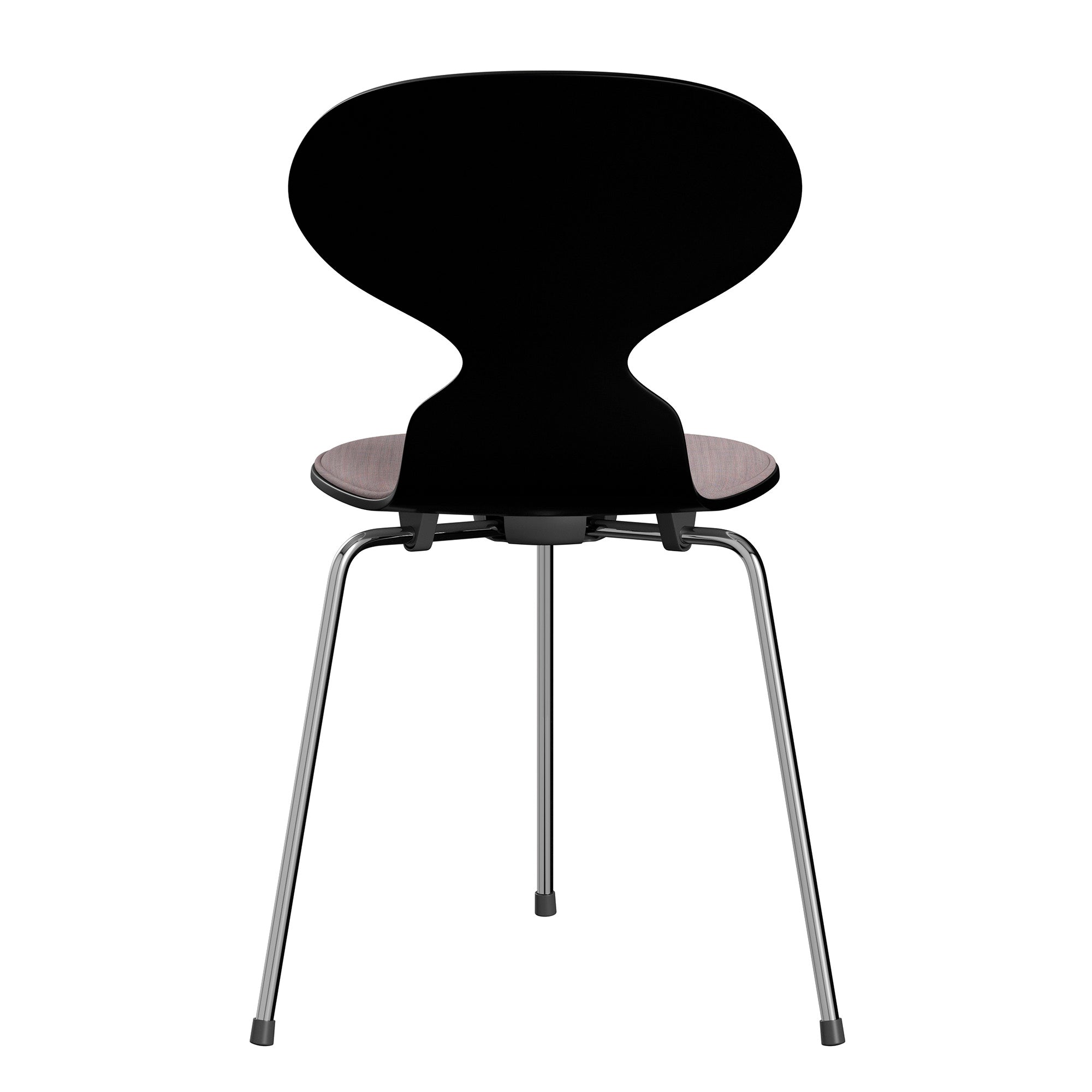 Fritz Hansen 3100 Ant Dining Chair in Black and Cool Light Blue Canvas with Chrome Base — packshot, detail