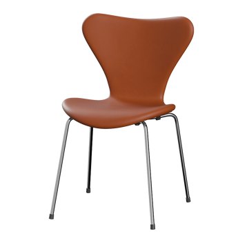 Fritz Hansen 3107 Series 7 Dining Chair Fully Upholstered Essential Leather in Walnut, Chrome Base — packshot