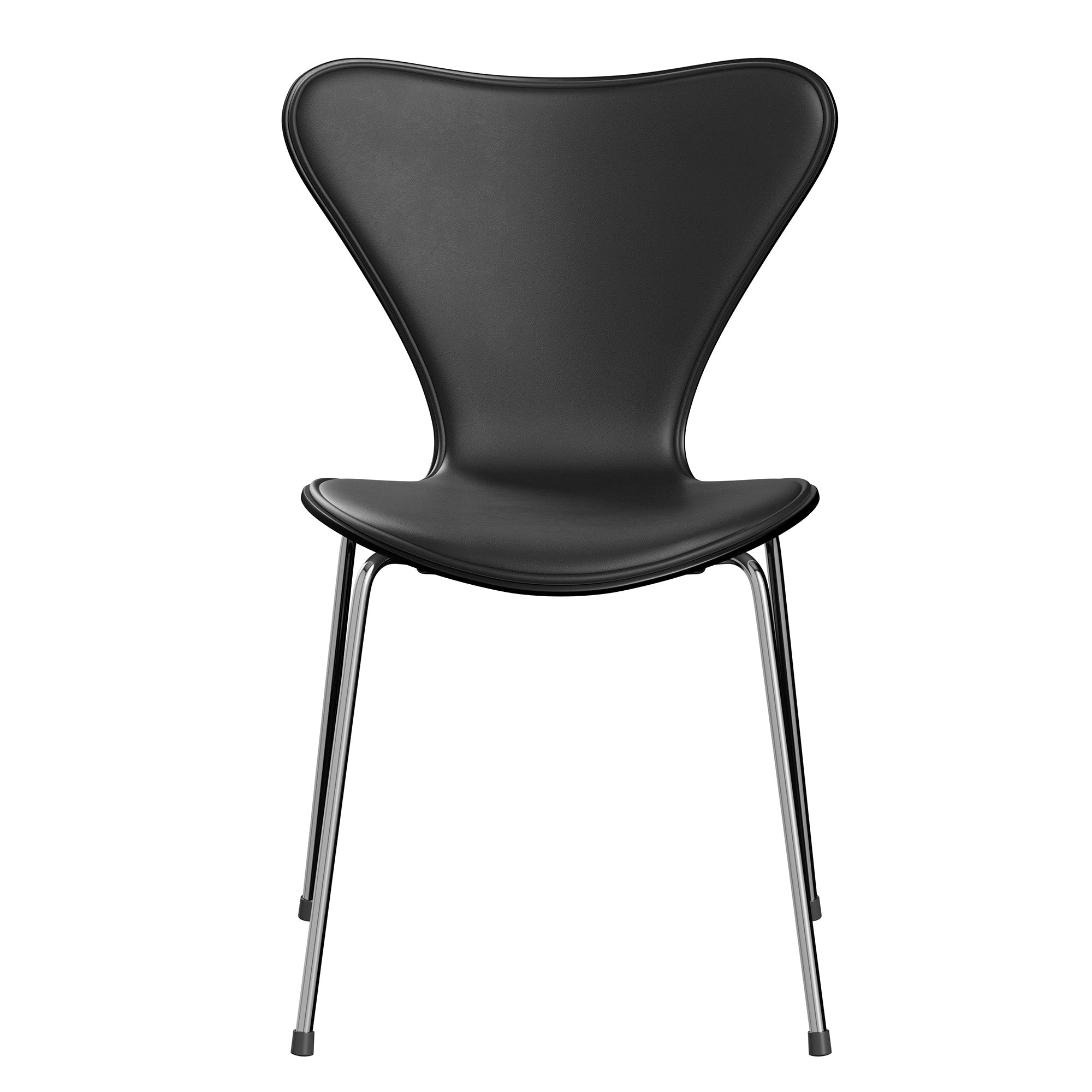 Fritz Hansen 3107 Series 7 Dining Chair Front Upholstered in Essential Leather Black with Chrome Base — packshot, detail