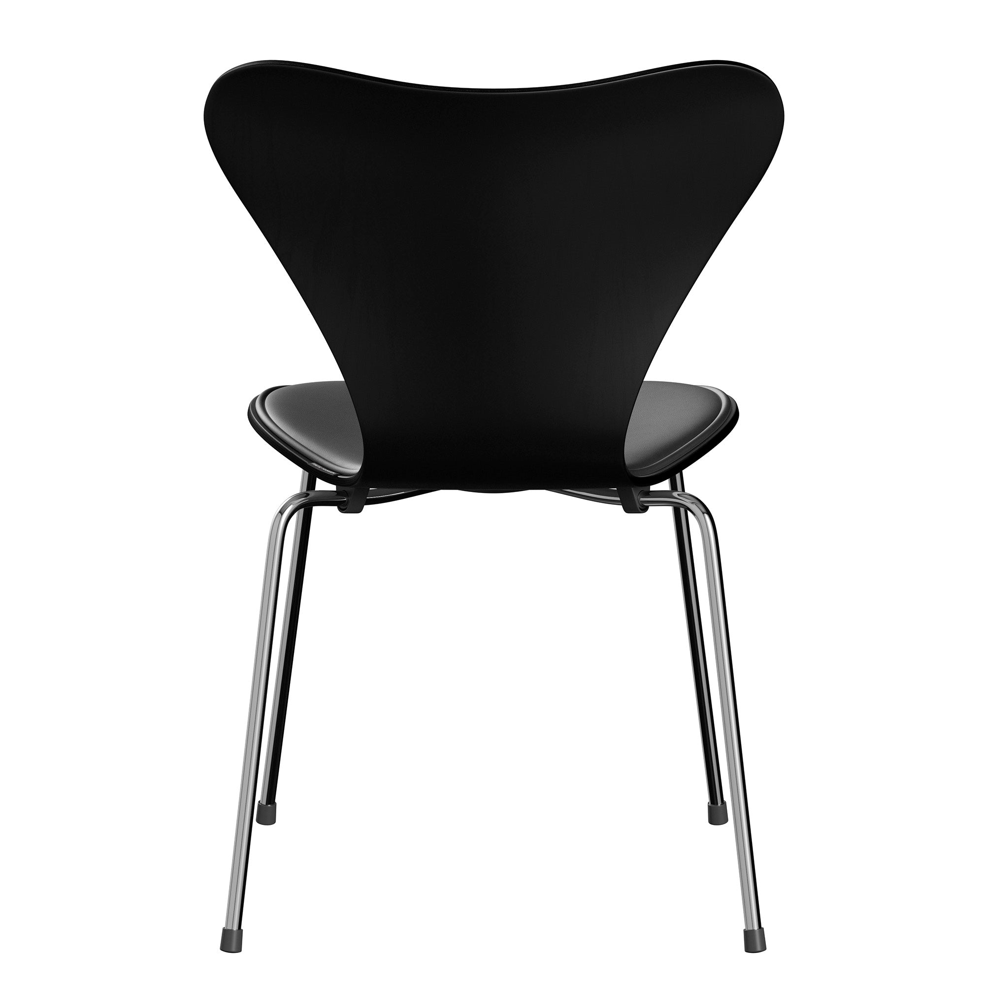 Fritz Hansen 3107 Series 7 Dining Chair Front Upholstered in Essential Leather Black with Chrome Base — packshot, detail