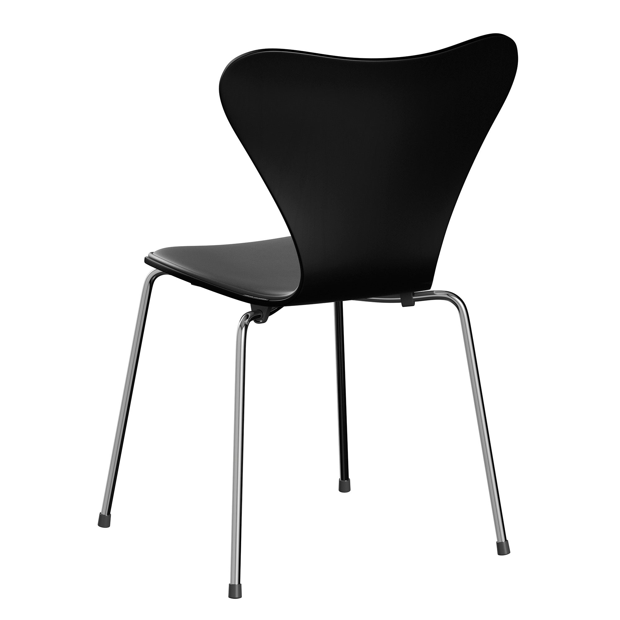 Fritz Hansen 3107 Series 7 Dining Chair Front Upholstered in Essential Leather Black with Chrome Base — packshot, detail