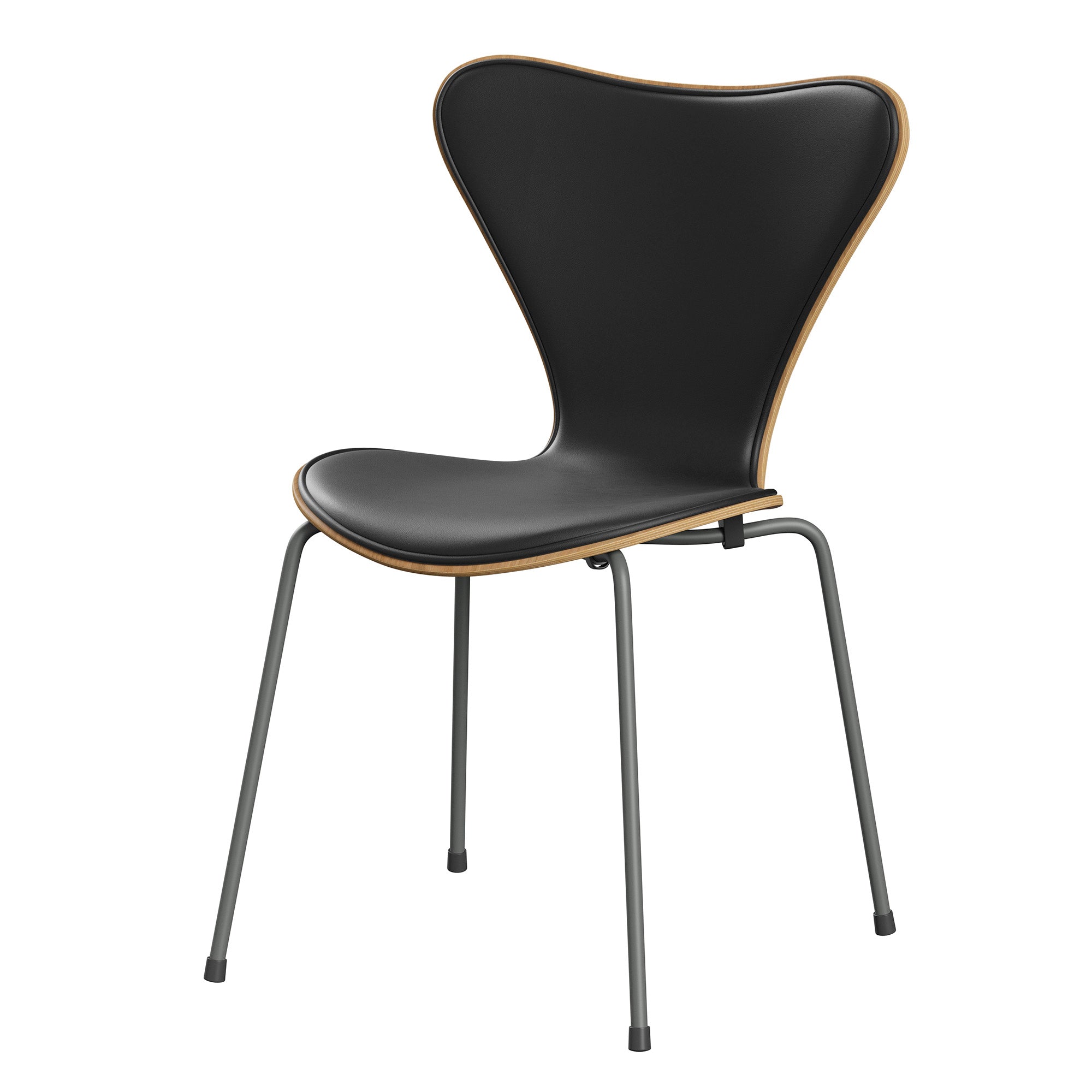 Fritz Hansen 3107 Series 7 Dining Chair Front Upholstered in Essential Leather Black with Silver Grey Base — packshot
