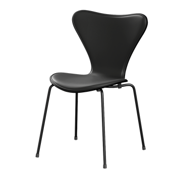 Fritz Hansen 3107 Series 7 Dining Chair Front Upholstered Essential Leather in Black, Black Ash Shell, Black Base — packshot