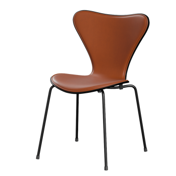 Fritz Hansen 3107 Series 7 Dining Chair Front Upholstered Essential Leather in Walnut, Black Ash Shell, Black Base — packshot