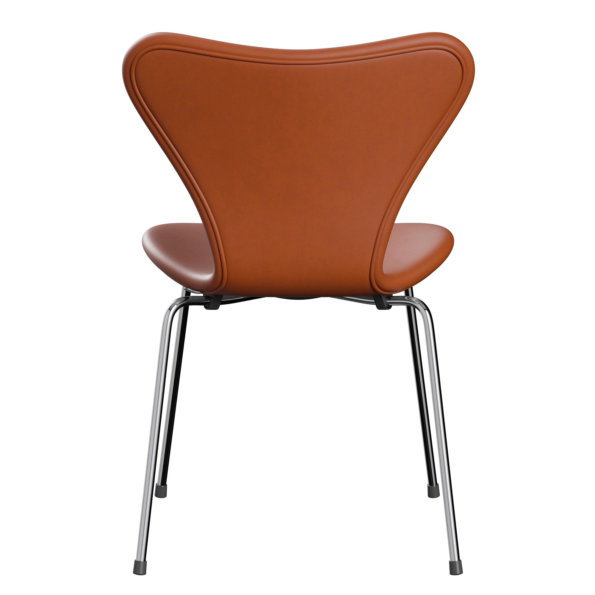 Fritz Hansen 3107 Series 7 Dining Chair Upholstered in Essential Leather Walnut with Chrome Base — packshot, detail