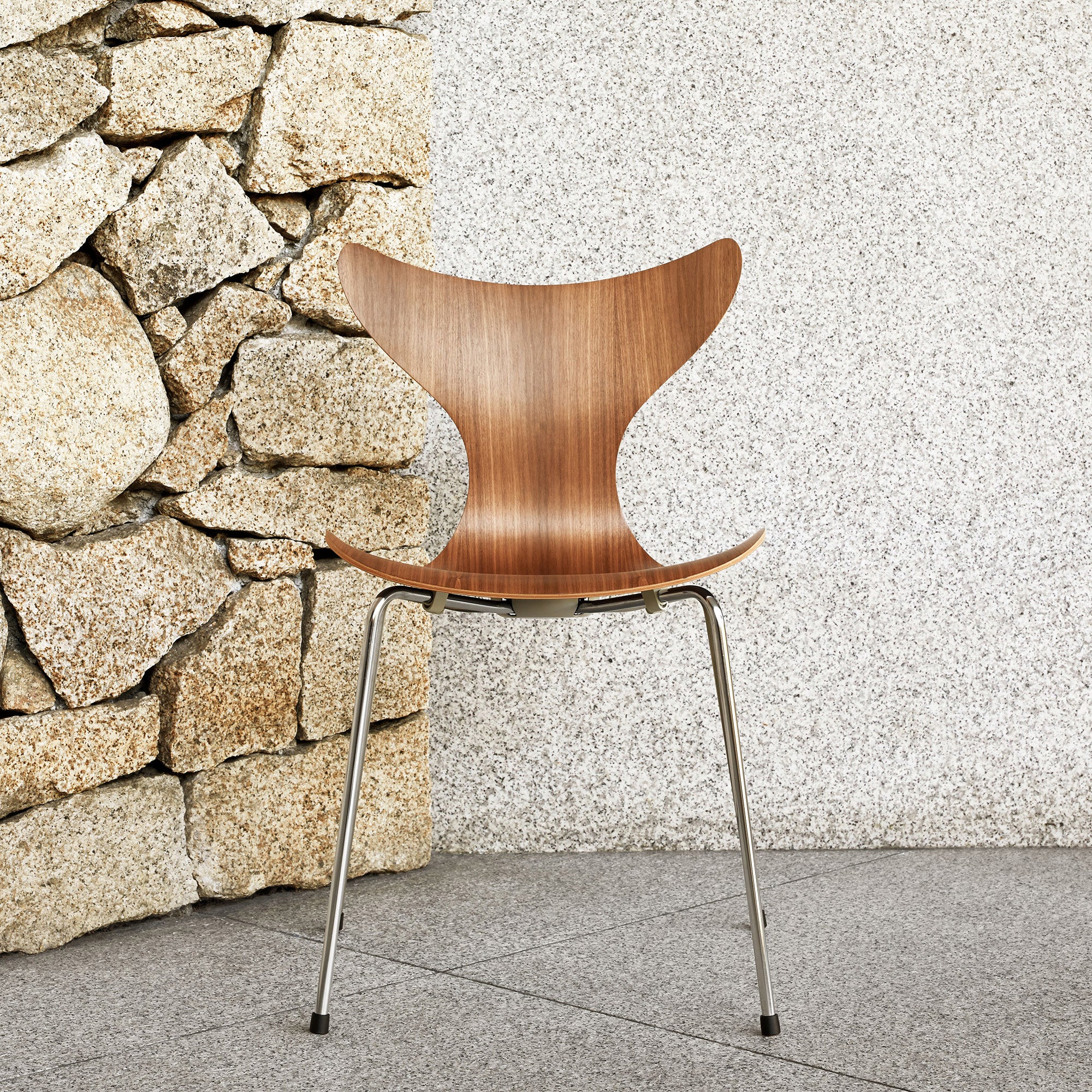 Fritz Hansen 3108 Lily Dining Chair in Walnut with Chrome Base — lifestyle