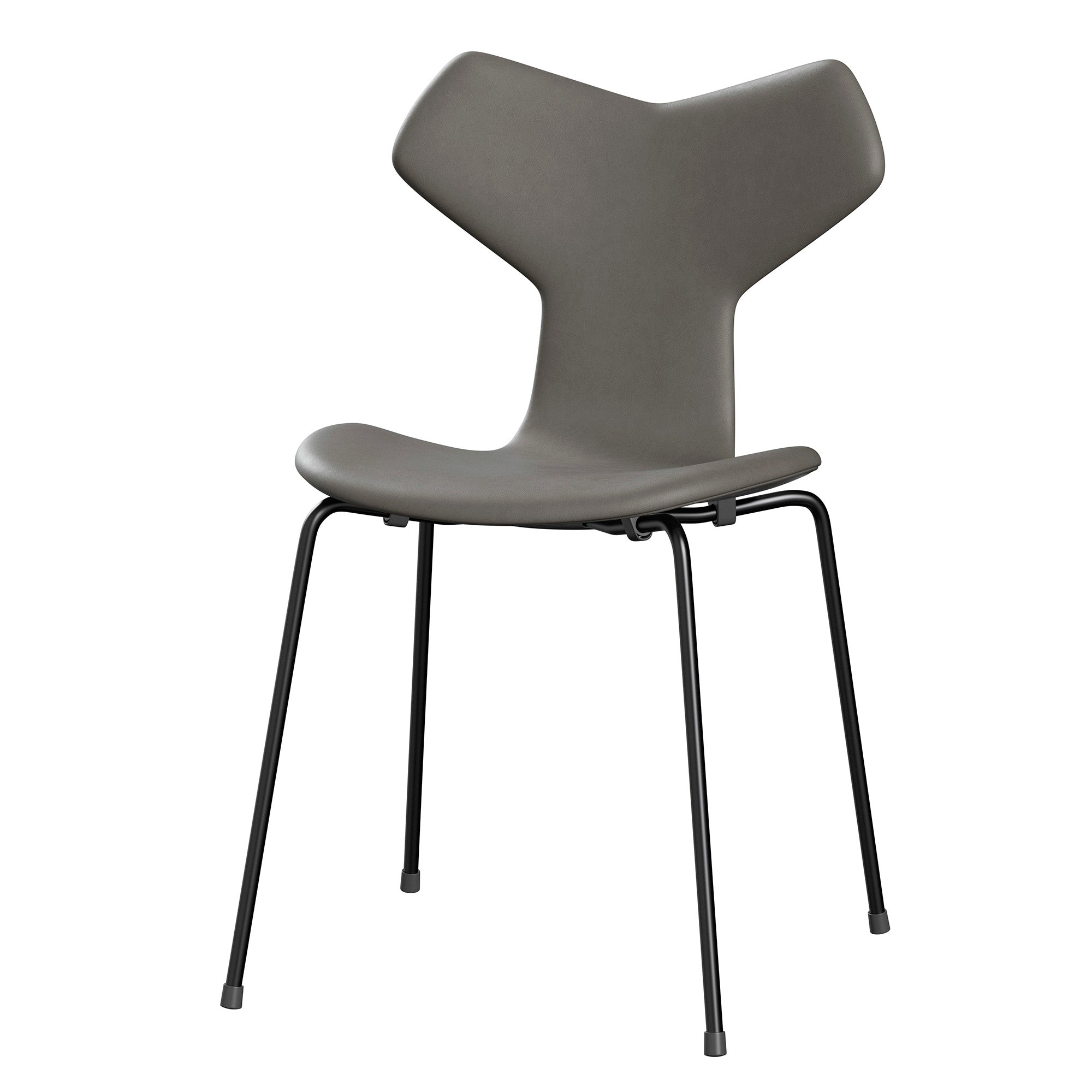 Fritz Hansen 3130 Grand Prix Dining Chair Upholstered in Essential Lava leather with black legs — packshot
