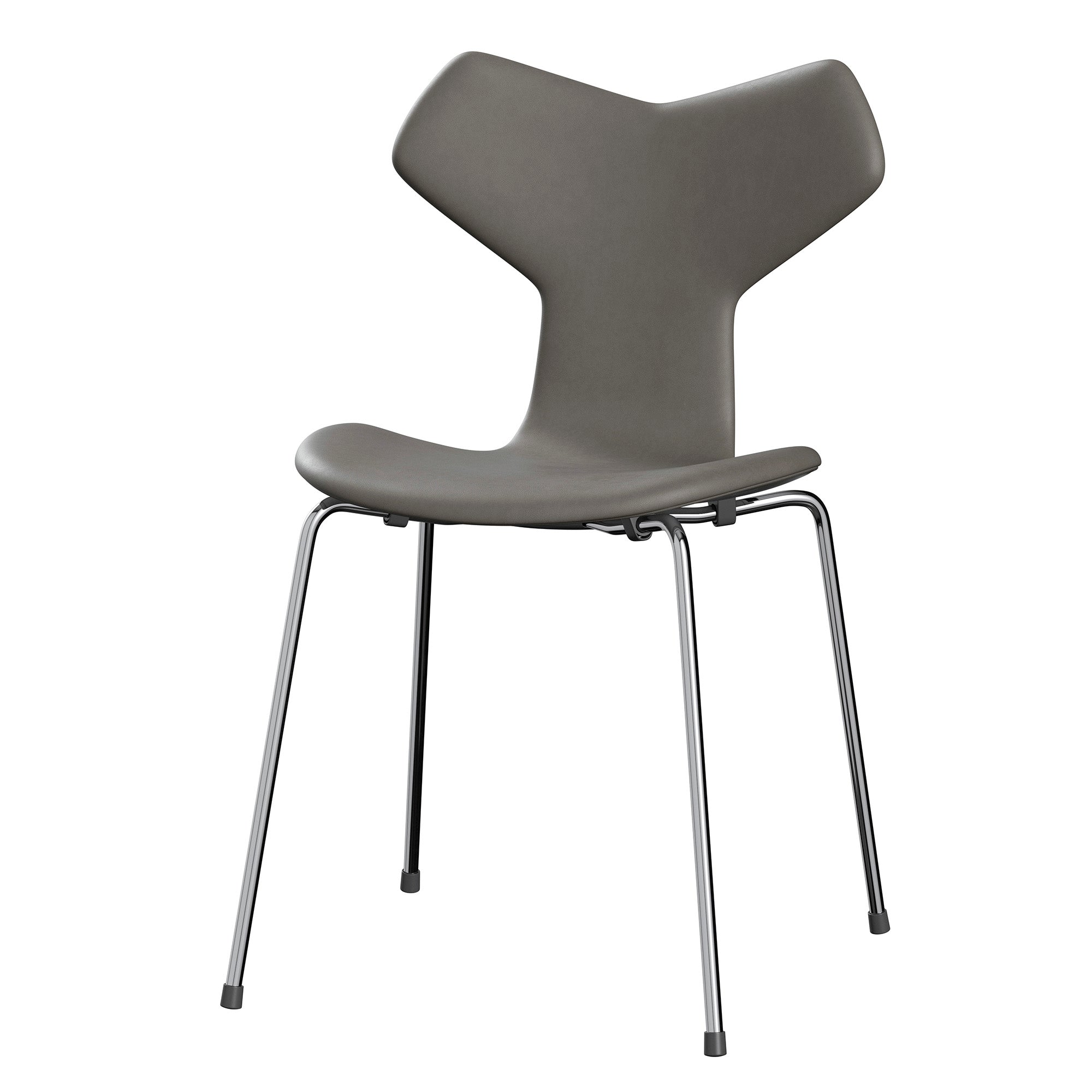 Fritz Hansen 3130 Grand Prix Dining Chair Upholstered in Essential Lava leather with chrome legs — packshot
