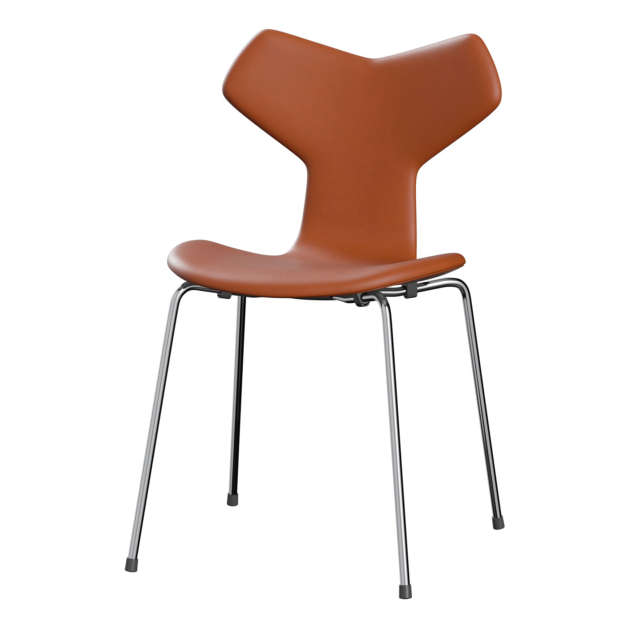 Fritz Hansen 3130 Grand Prix Dining Chair Upholstered in Essential Walnut leather with chrome legs — packshot