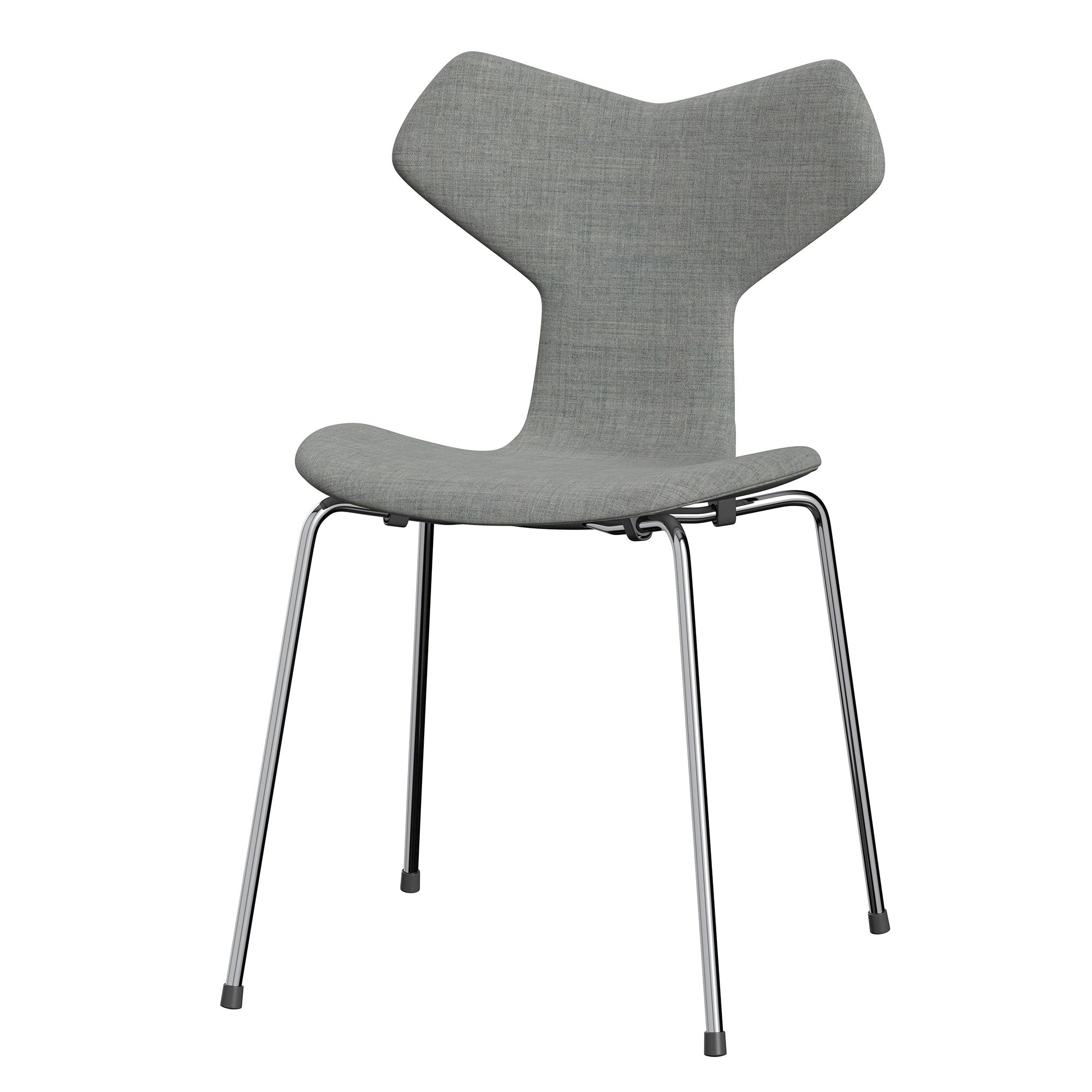 Fritz Hansen 3130 Grand Prix Dining Chair Upholstered in Remix Light Grey with chrome legs — packshot