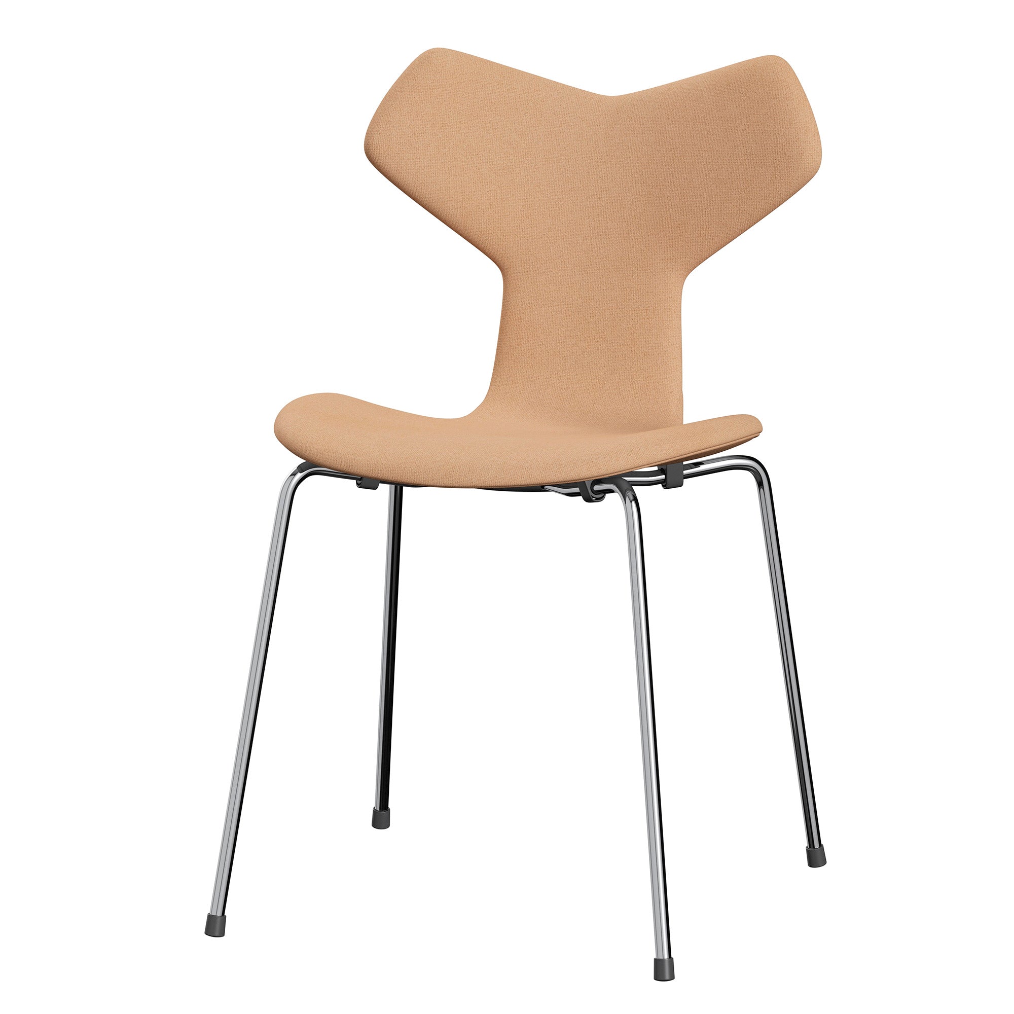 Fritz Hansen 3130 Grand Prix Dining Chair Upholstered in Tonus Warm Beige with chrome legs — packshot