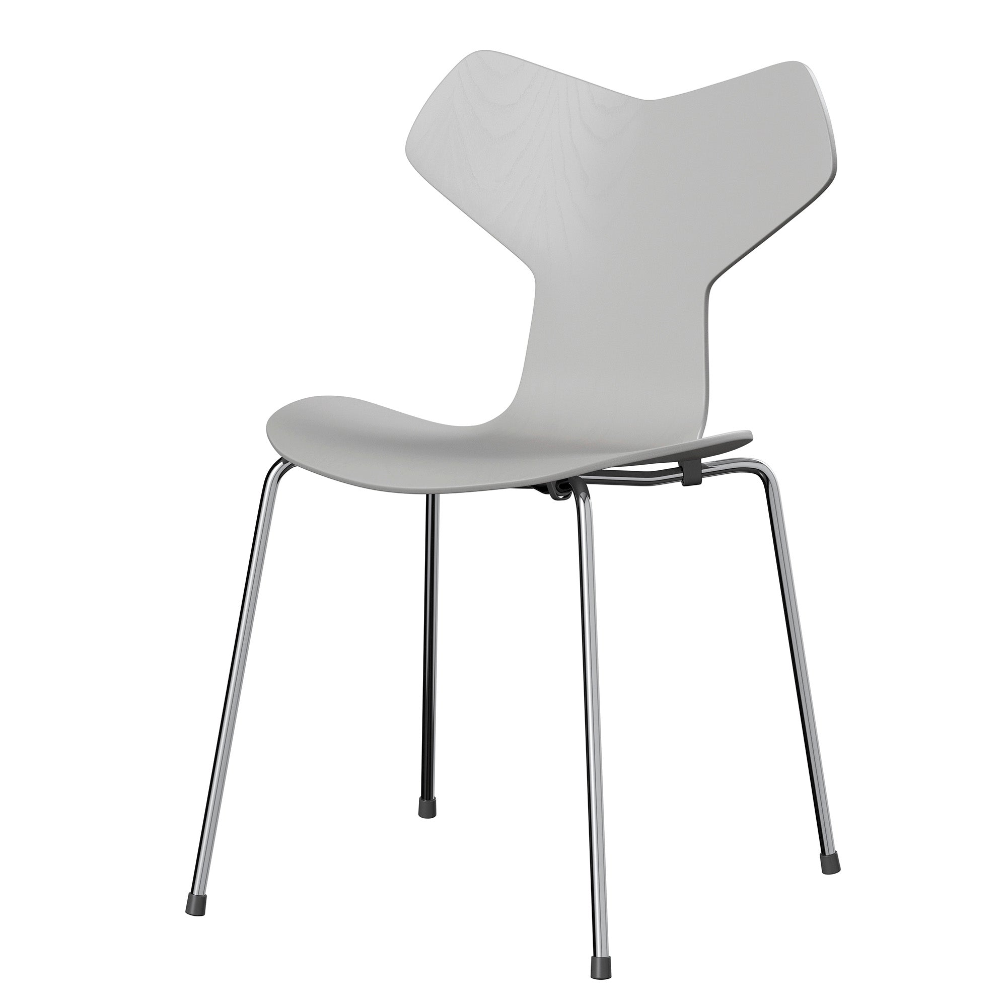 Fritz Hansen 3130 Grand Prix Dining Chair in Nine Grey coloured veneer with chrome legs — packshot