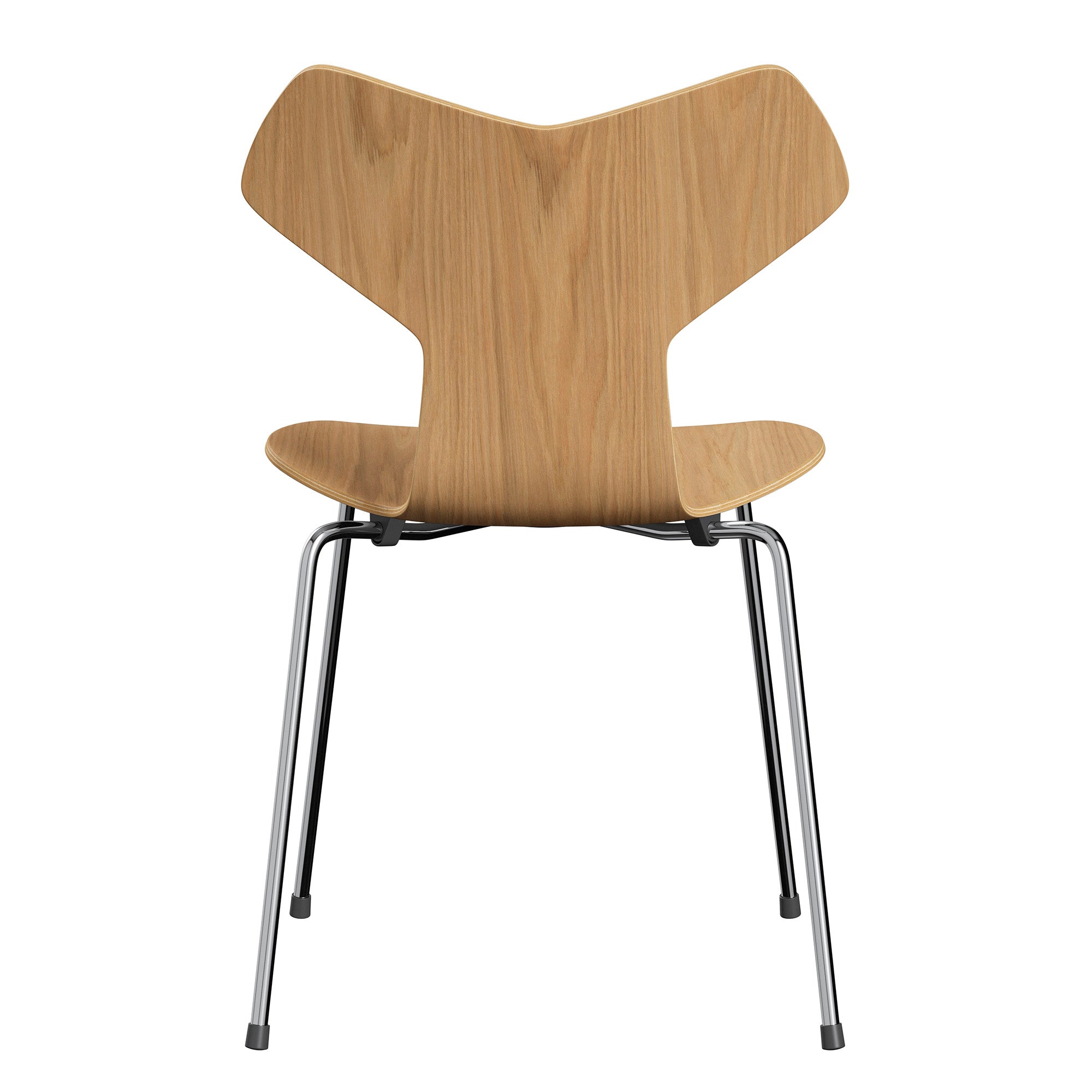 Fritz Hansen 3130 Grand Prix Dining Chair in Oak veneer with chrome legs — packshot, rear view