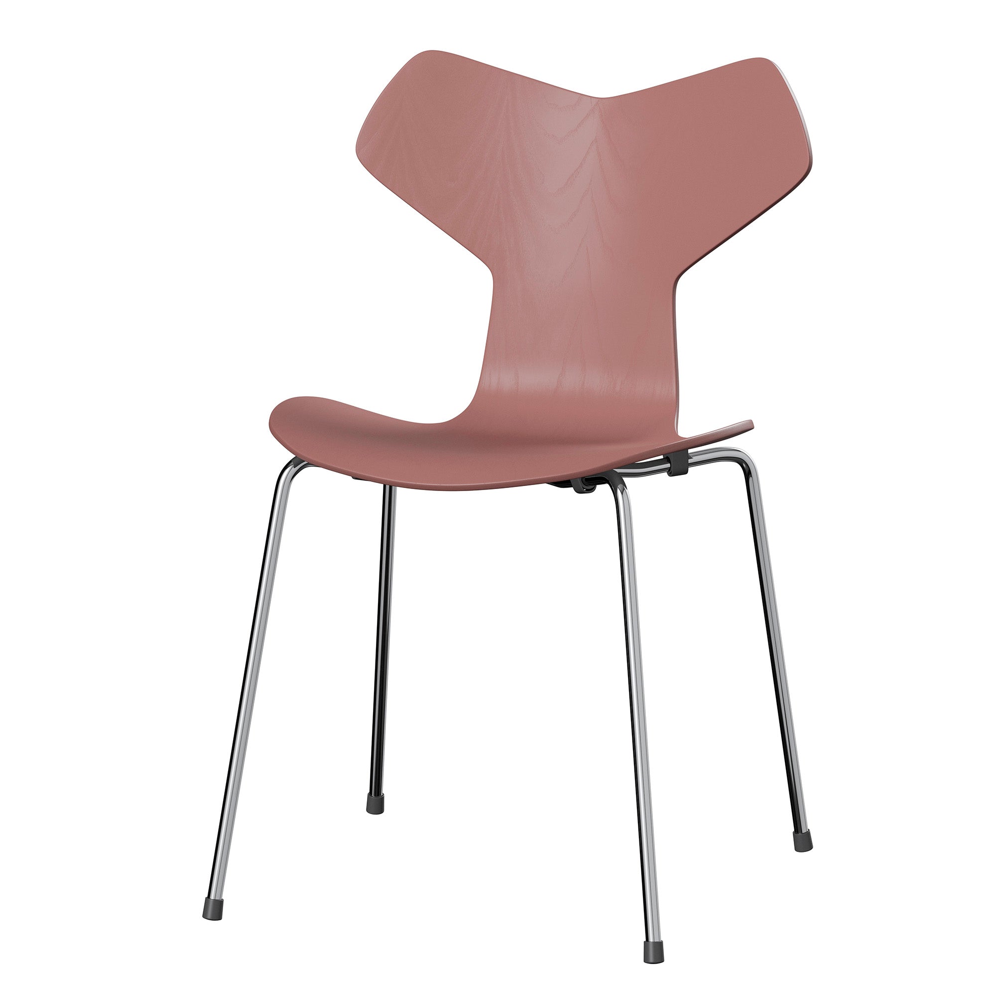 Fritz Hansen 3130 Grand Prix Dining Chair in Wild Rose coloured veneer with chrome legs — packshot