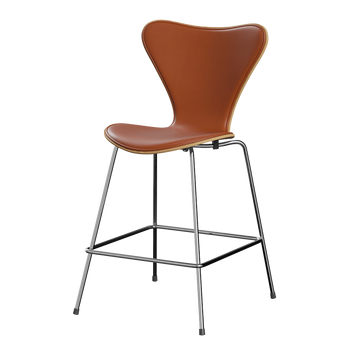 Fritz Hansen 3187 Series 7 Counter Stool Front Upholstered Essential Leather in Walnut, Oak Shell, Chrome Base — packshot