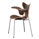 Fritz Hansen 3208 Lily Armchair in Walnut veneer with chrome base — packshot, side angle