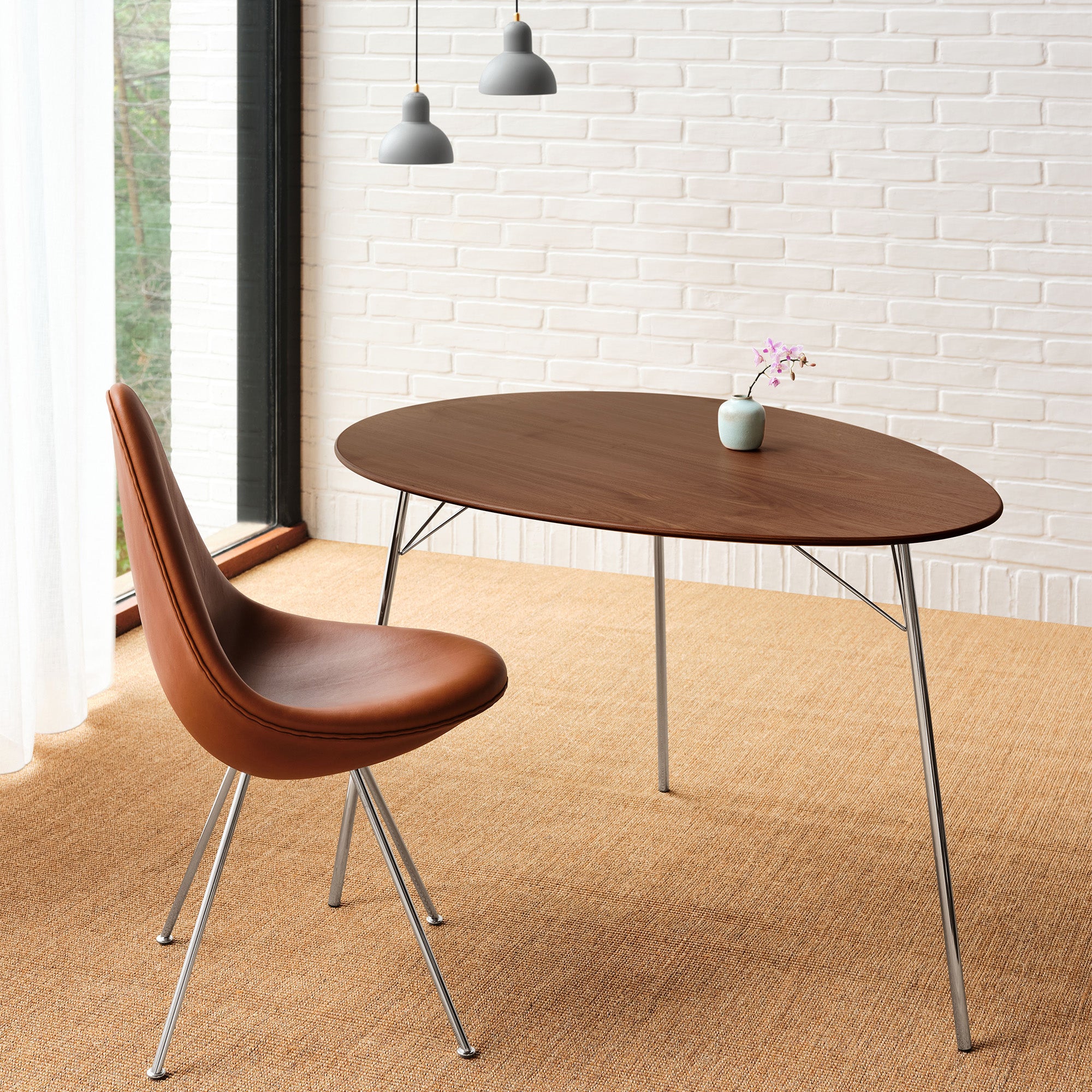 Fritz Hansen 3110 Drop Dining Chair Upholstered — studio, with Egg Table, Kaiser idell pendant
