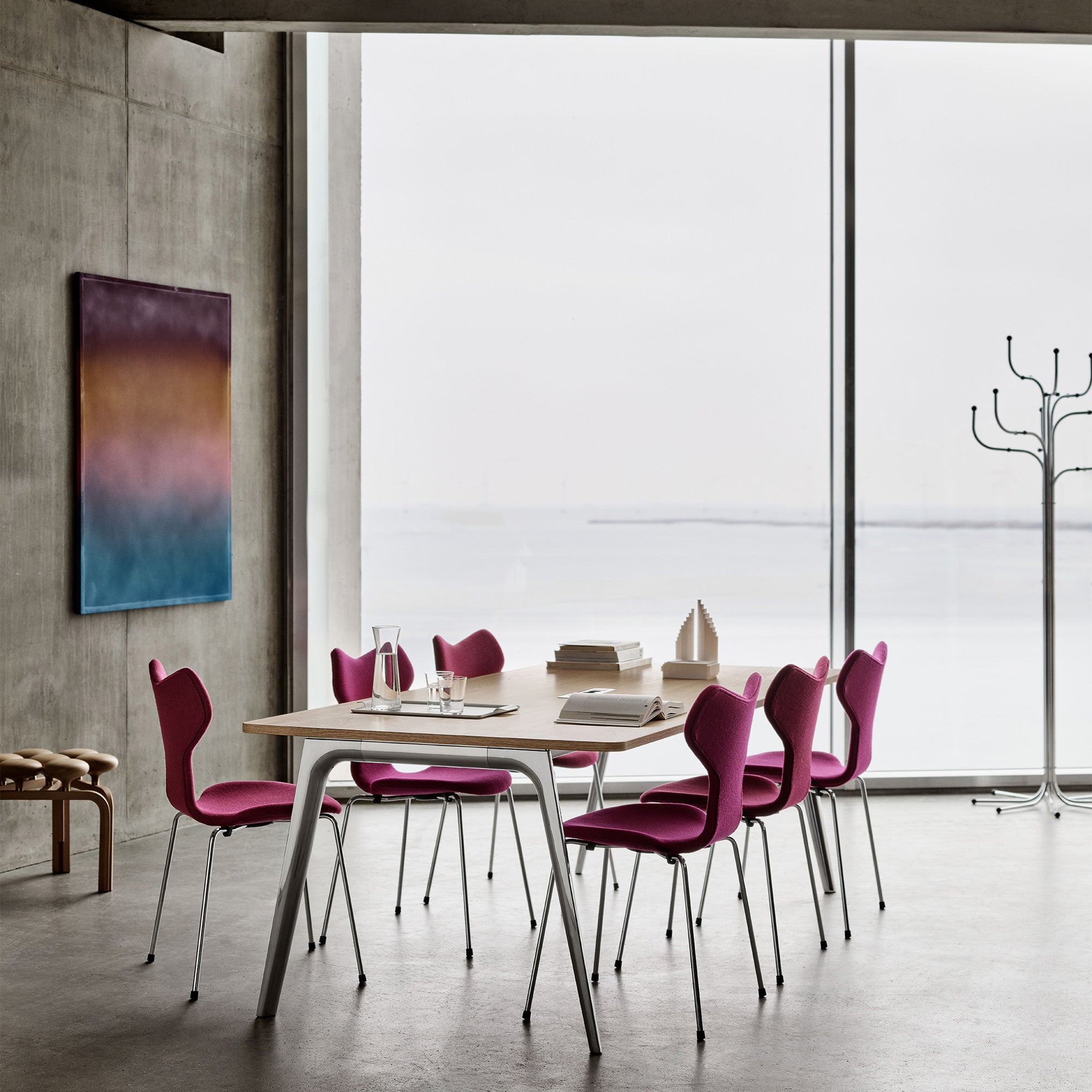 Fritz Hansen 3130 Grand Prix Dining Chair Upholstered — lifestyle, dining room with Pluralis table and Coat Tree
