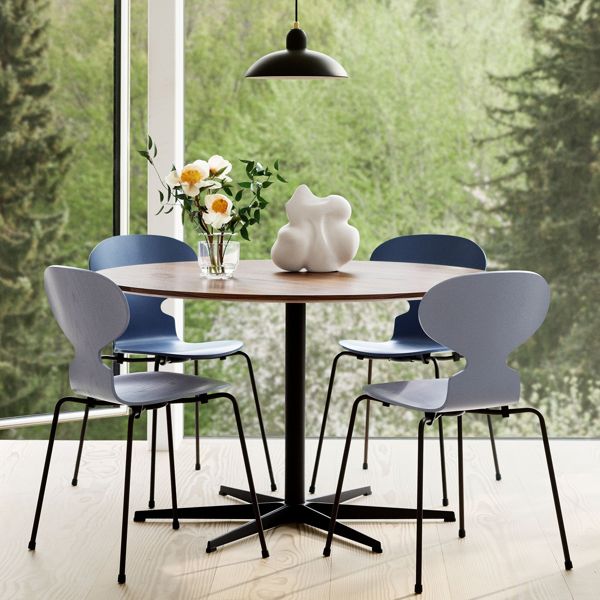 Fritz Hansen 3101 Ant Dining Chair in Lavender Blue — lifestyle, dining room, with Kaiser Idell Pendant and Circular Table