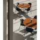 Fritz Hansen N02-10 Recycle Dining Chair Front Upholstered — lifestyle, with Circular A825 tables and Solae lights