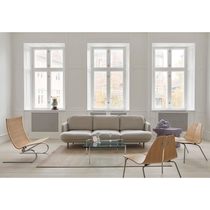 Fritz Hansen PK20 Easy Chair Wicker — lifestyle, with PK23 in Oak and PK61 in Glass