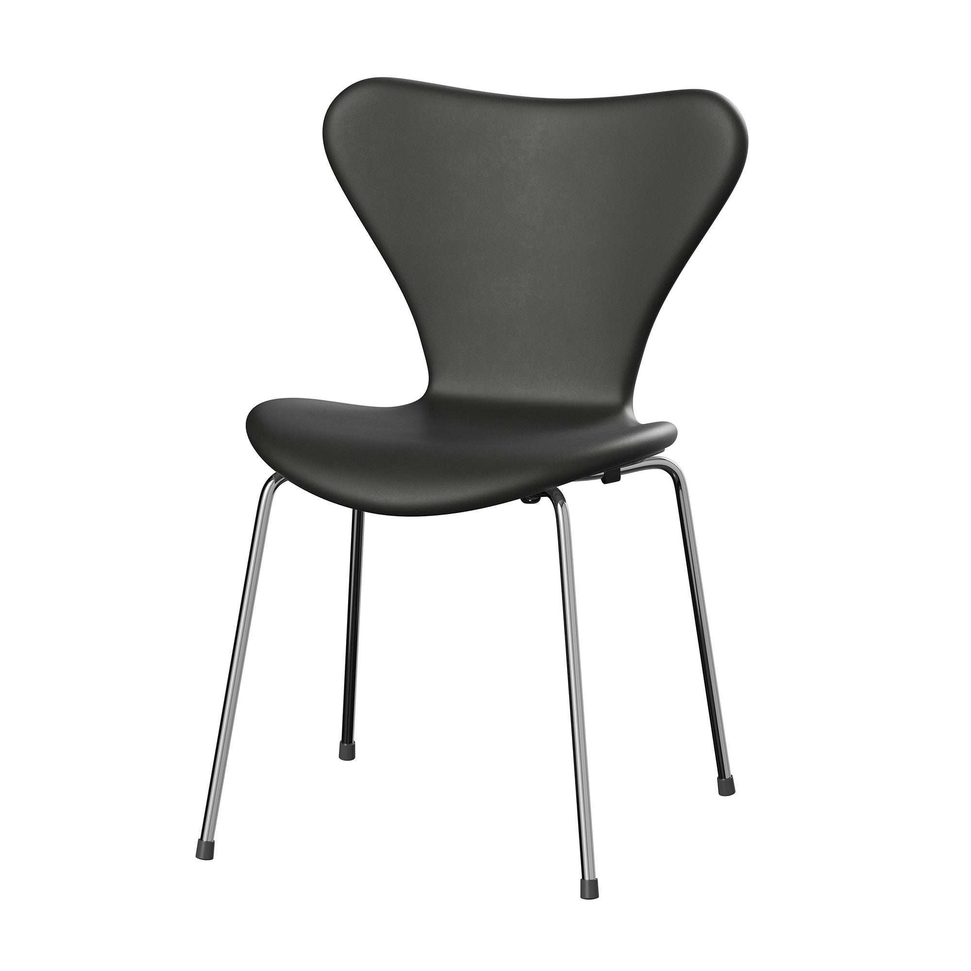 A modern black leather upholstered chair with a curved backrest and slim metal legs, shown against a plain white background.