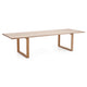 A modern rectangular wooden table with a light oak finish and angled metal legs, shown on a clean white background.
