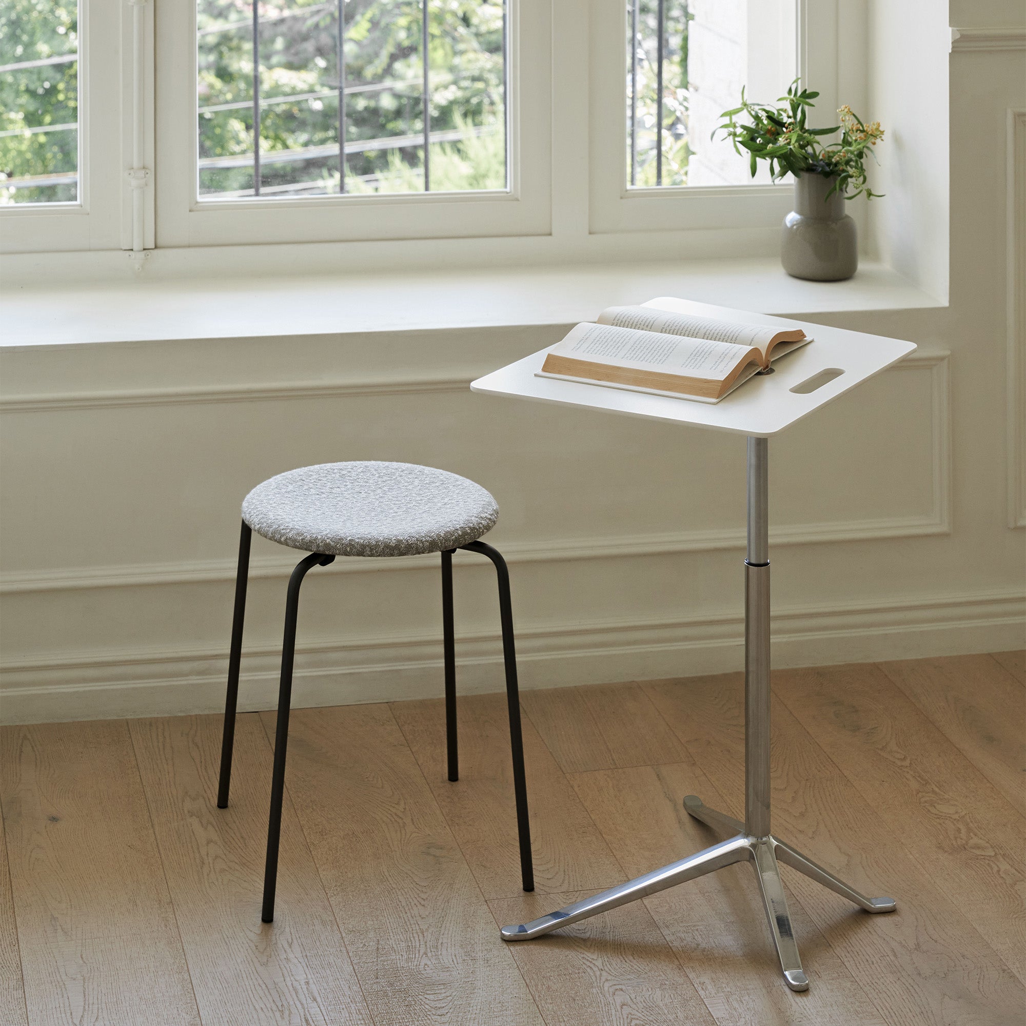 Fritz Hansen Little Friend Side Table KS13 in White — lifestyle, reading corner with Dot Stool