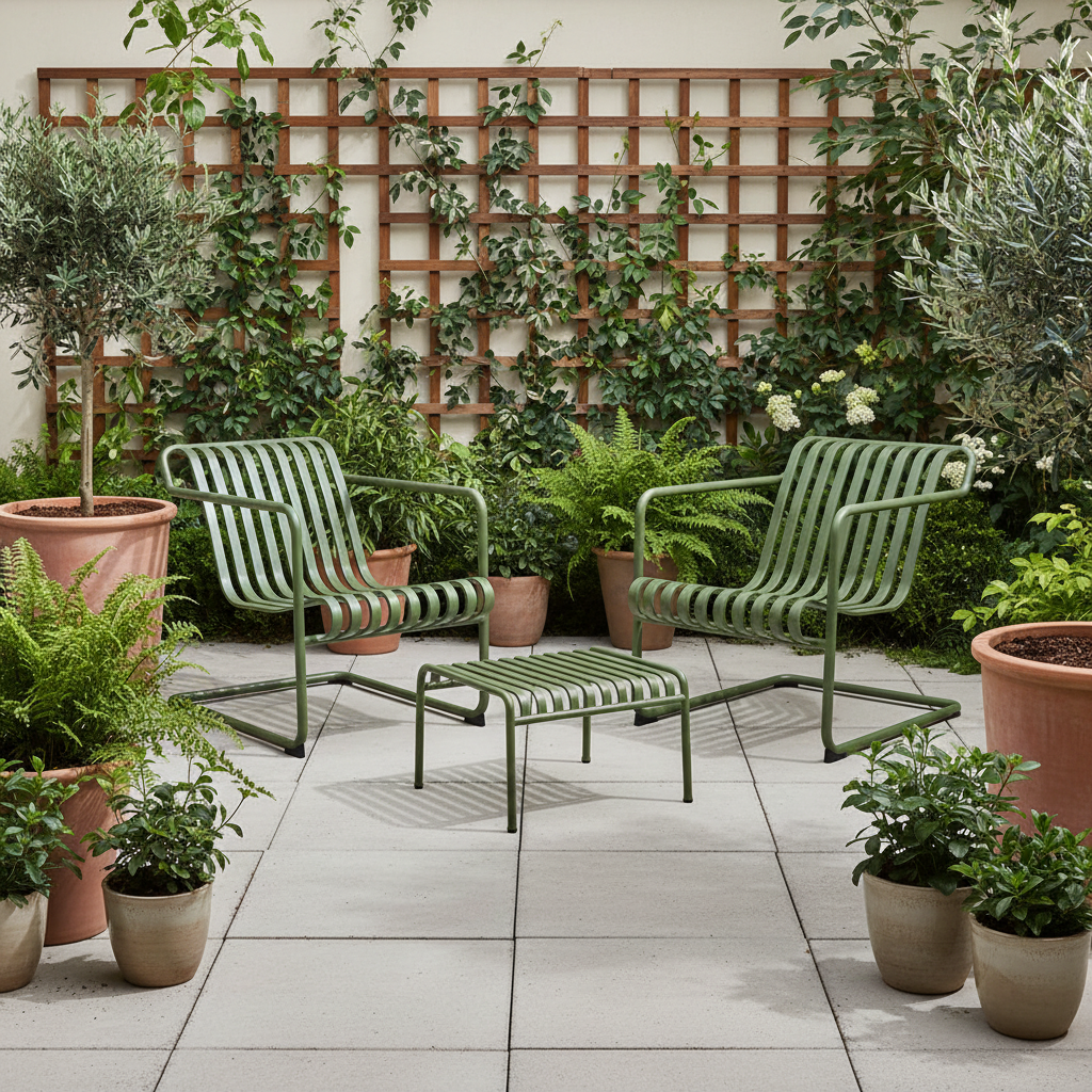Outdoor patio with HAY palissade cantilever green metal chairs, ottoman, and potted plants against a wooden trellis.