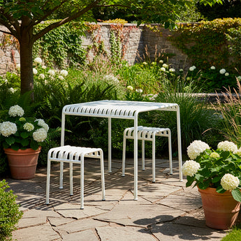 HAY Palissade Small Outdoor Bundle – Cream White, table and stools, garden setting