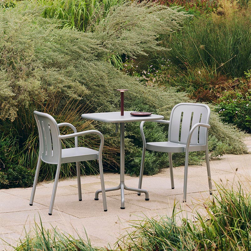 HAY Deville Armchair and Table 55x55 in Silver Grey with Host Portable Lamp in Iron Red — lifestyle