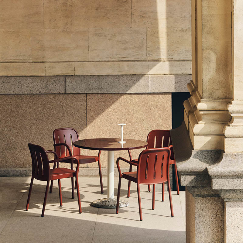HAY Deville Armchair in Iron Red with Ceramic Table in Bordeaux and Host Portable Lamp in Cream White — lifestyle