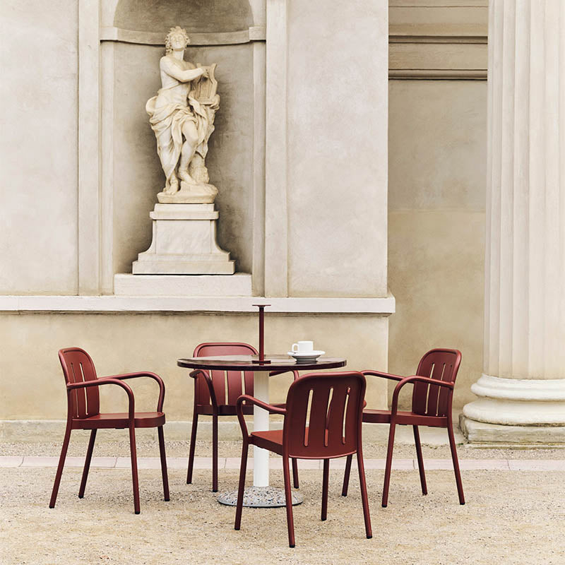 HAY Deville Armchair in Iron Red with Ceramic Table in Bordeaux and Host Portable Lamp in Iron Red — lifestyle