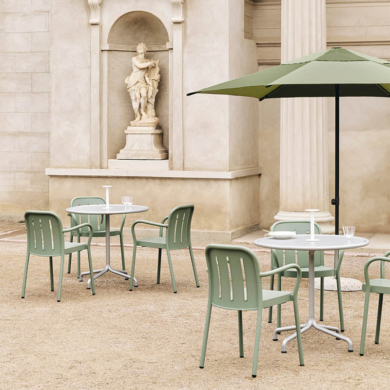 HAY Deville Armchair in Thyme Green with Deville Table 80cm in Silver Grey and Host Portable Lamp in Cream White — lifestyle