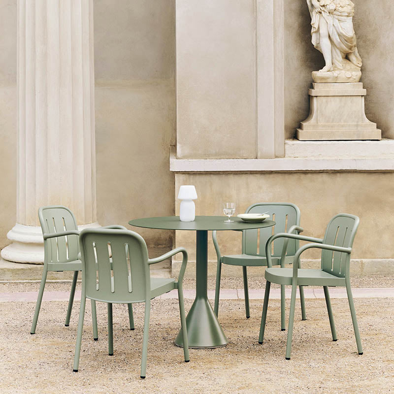 HAY Deville Armchair in Thyme Green with Palissade Cone Table in Olive — lifestyle
